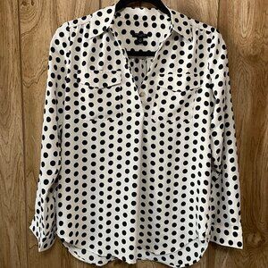 Ann Taylor Petite XSP White Black Polka Dot Long Sleeve Blouse | Classic Button
